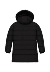 Zwarte pufferjas met afneembare capuchon, voorzien van een faux fur rand, doorgestikt ontwerp, lange mouwen en een halflange silhouet.