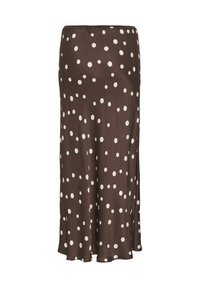 Jupe midi marron à pois blancs, en tissu lisse, coupe droite avec légère évasée au bas.