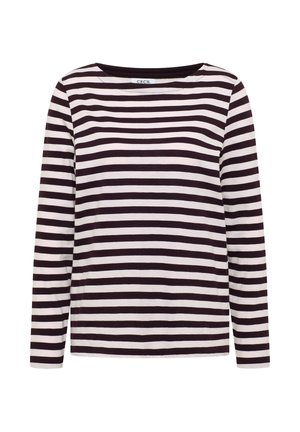 Camiseta de manga larga con cuello redondo que presenta rayas horizontales en negro y crema. Material de algodón suave con un ajuste relajado y dobladillo cosido.