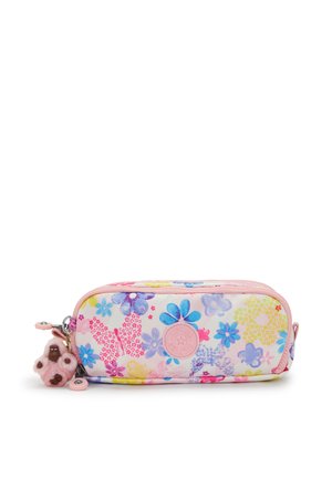 Trousse à crayons rectangulaire rose à motifs floraux, avec une fermeture éclair sur le dessus et un petit porte-clés en peluche rose attaché au curseur de la fermeture éclair.