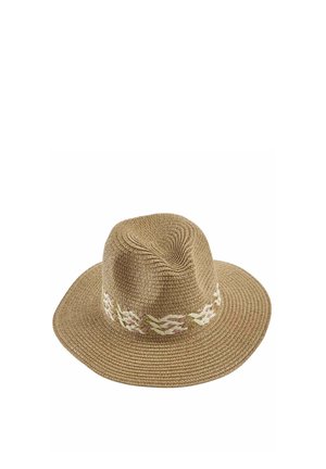 Chapeau de soleil tressé marron avec un large bord et une bande tressée décorative beige et rose autour de la calotte.