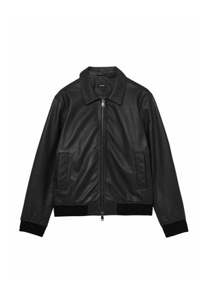 Jachetă de piele neagră cu fermoar frontal, două buzunare laterale, guler ascuțit și manșete și tiv striate.