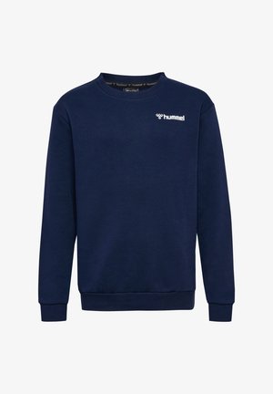 Sweatshirt bleu marine en tissu doux avec un col rond, des poignets et un ourlet côtelés, et un logo blanc sur la poitrine. Design simple à manches longues.