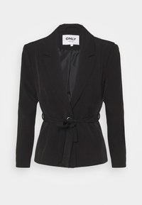 Zwarte op maat gemaakte blazer met een getailleerde taille door een riem, sluiting met één knoop, reverskraag en een gladde binnenvoering.