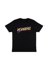 Czarny bawełniany t-shirt z wyrazistą, wielokolorową grafiką "Ms. Marvel", z kanciastymi kształtami, teksturowanym napisem i okrągłym dekoltem.