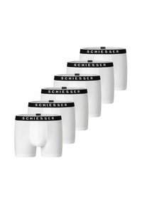White boxer briefs in a pack of six. Features a black elastic waistband with "SCHIESSER" logo. Soft cotton material, mid-thigh length.