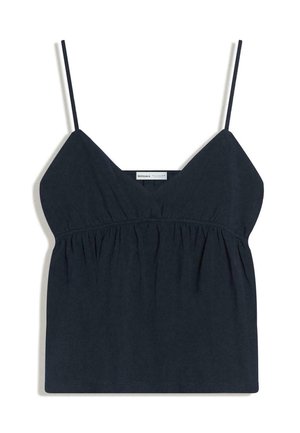 Black sleeveless top with thin spaghetti straps and a gathered waist, featuring a V-neckline and a label inside the back.