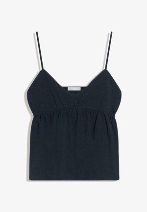 Zwarte mouwloze top met dunne spaghetti bandjes en een geplooide taille, voorzien van een V-hals en een label aan de binnenkant van de rug.