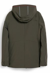 Olivově zelená nepromokavá bunda s kapucí, s elegantním designem, nastavitelné manžety a reflexní švy na kapuci.