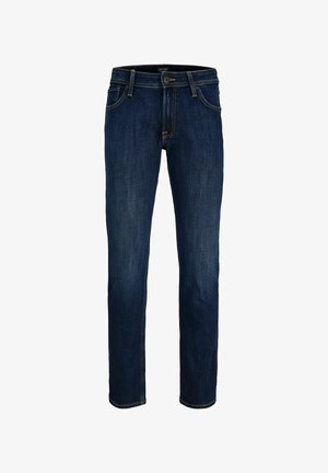 Ciemnoniebieskie jeansy o prostych nogawkach, zapinane na guziki, z widocznym przeszyciem, przednimi kieszeniami oraz szlufkami na pasek.