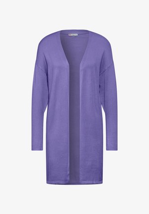 Cárdigan largo de color púrpura con apertura frontal, mangas largas y corte holgado, confeccionado en tejido de punto suave.