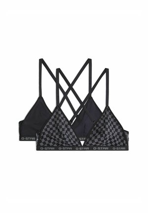 Deux soutiens-gorge triangle à carreaux noir et gris avec de fines bretelles et des bandes élastiques portant la marque G-STAR.