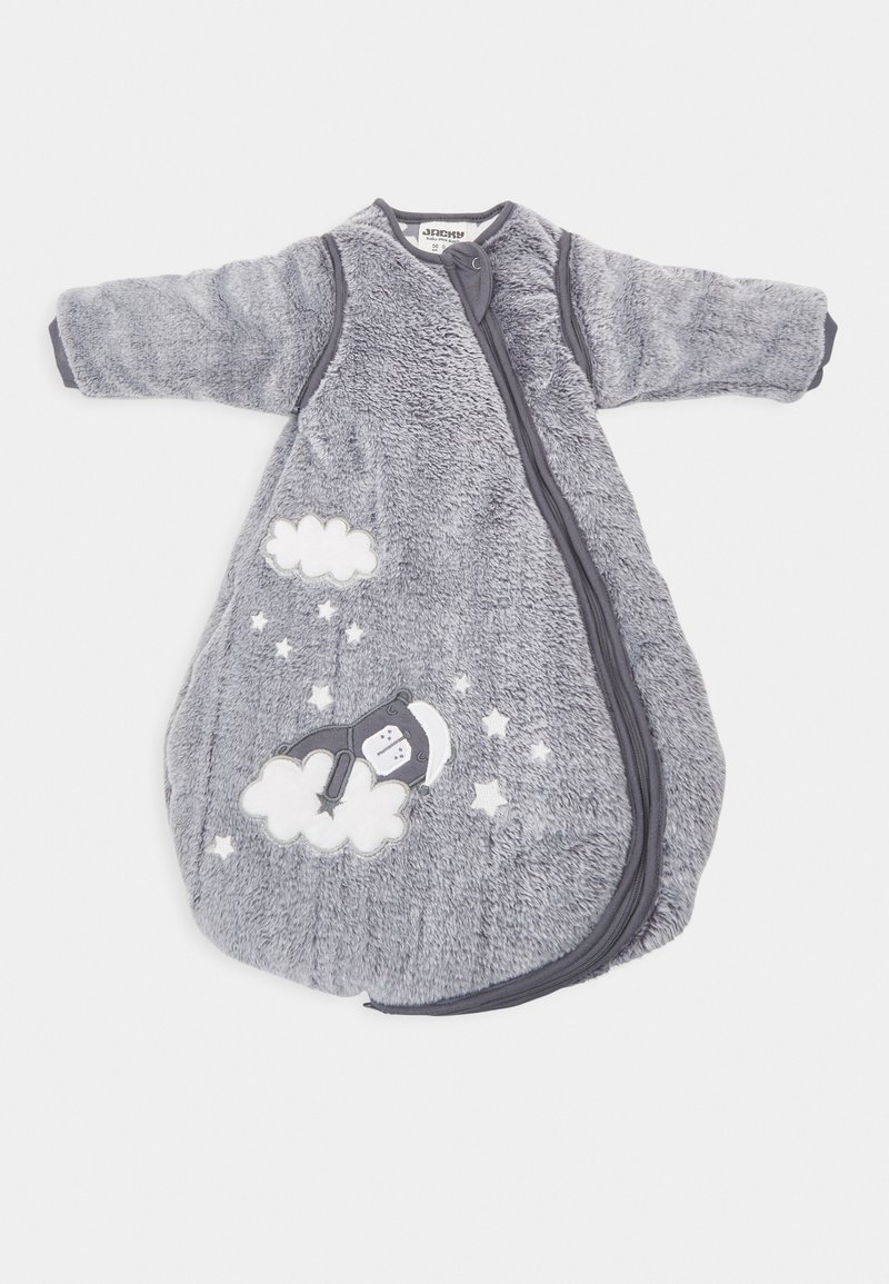 Gray, fleece baby sleep sack with long sleeves, featuring a bear graphic and cloud design, closed by a side zipper and accented with stars.