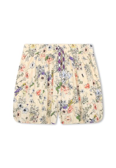 Shorts à imprimé floral en beige avec une taille élastique à cordon. Présente divers fleurs et feuilles dans plusieurs couleurs, avec un tissu texturé.