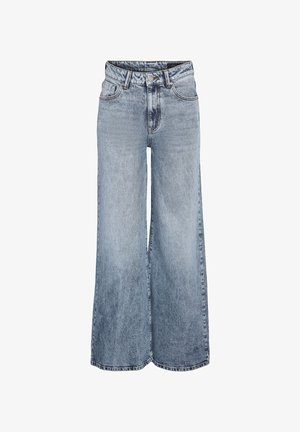 Høytlivs, lyseblå jeans med vide bein, frontlommer, beltehemper og knappelukking.