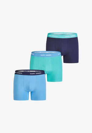 Three pairs of boxer shorts in blue, teal, and navy, with contrasting elastic waistband featuring the text "HAPPY SHORTS" in white.