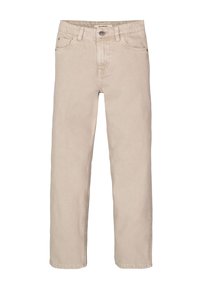 Pantalones de algodón beige con un diseño de pierna recta, que cuentan con cinco bolsillos y un cierre de botón metálico. Tejido duradero con una textura suave.