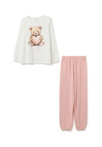 Maglietta da pigiama bianca a maniche lunghe per bambini con orsetto che tiene un cuore e testo rosa, abbinata a pantaloni da pigiama rosa chiaro con vita elastica.