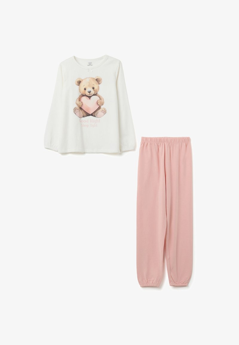 Camisa de pijama blanca de manga larga para niños con un oso de peluche sosteniendo un corazón y texto rosa, combinada con pantalones de pijama de cintura elástica en rosa claro.