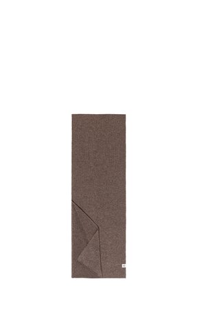 Brown rectangular scarf with one corner folded to show texture and small white label on one edge.
