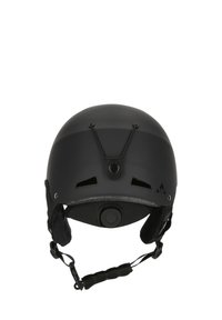 Schwarzer Helm mit matter Oberfläche, ausgestattet mit Lüftungsschlitzen, verstellbarem Kinnriemen und einem runden Einstellrad hinten zur Größenanpassung.