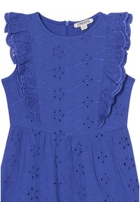 Bla dresses aus Baumwolle mit bestickten Blumenmustern, Rüschenschultern und einem Reißverschluss hinten. Ausgestellter Rock mit Falten.