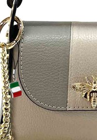 Grijze en beige leren handtas met een gouden kettinghengsel, voorzien van een bij-embleem en een Italiaanse vlagcharme aan de sluiting.