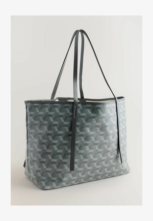 Grå mulepose med geometrisk mønster, lavet af syntetisk materiale, med lange sorte remme og en glat overflade.