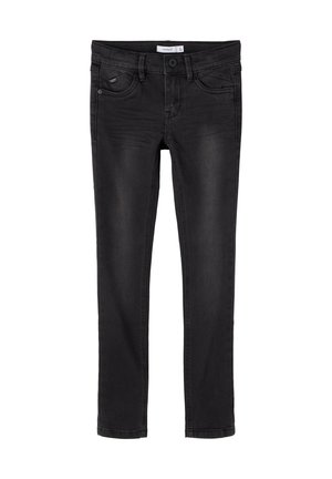 Sorte slim-fit jeans med frontknap, bæltestropper og fem-lomme design vist fladt på hvid baggrund.