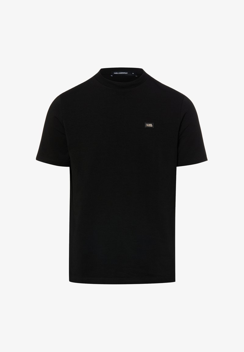 Μαύρο κοντομάνικο t-shirt με στρογγυλή λαιμόκοψη και μικρό ορθογώνιο ετικέτα με το λογότυπο της μάρκας στο αριστερό στήθος.