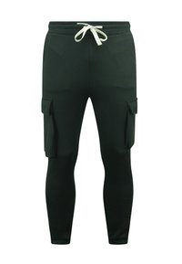 Donkergroene joggingsbroek met een tailleband met trekkoord en zijzakken voor opslag, ontworpen voor comfort en casual gebruik.