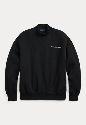 Black long-sleeve sweatshirt with mock neck and white "Polo Ralph Lauren" logo embroidered on the left chest.