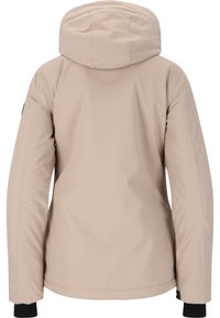 Veste imperméable beige avec capuche, présentant une texture lisse, des manches cintrées et des accents noirs aux poignets et sur les côtés.