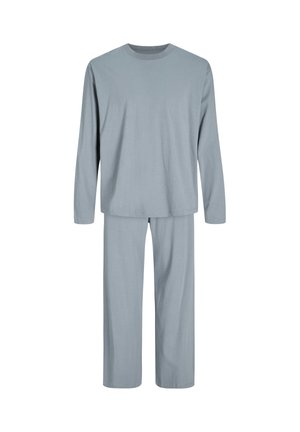 Lichtblauw langarmshirt en bijpassende rechte broek, luchtige en casual loungewear set op een witte achtergrond.