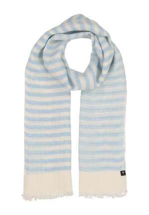 Soft scarf with light blue and white horizontal stripes and fringed edges, folded in a loose loop.