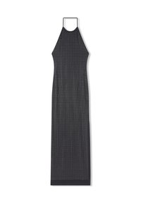 Abito nero a collo halter con una superficie testurizzata decorata da piccoli punti bianchi distribuiti uniformemente. Design lungo e dritto con una vestibilità comoda.