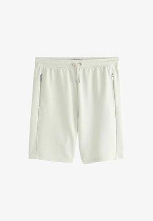 Hvide knælange shorts med elastisk taljebånd, snøre og to lodrette lynlåslommer på forsiden.