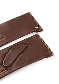 Dark brown leather gloves with leopard print trim and small gold emblem near wrist, laid flat on white background.