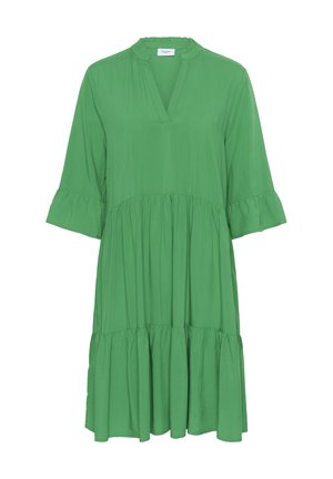 Groene jurk met korte mouwen, een V-hals, ruches en een gelaagde rok. Gemaakt van een lichte stof, met een relaxte pasvorm.