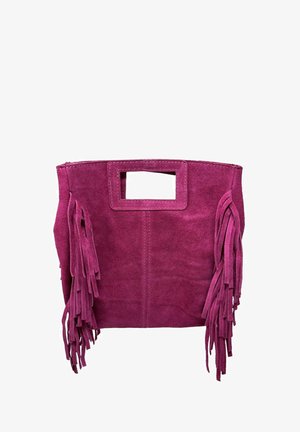 Fuchsia suede bag with a rectangular cutout handle and long fringe detail on both sides. Smooth texture, structured shape.
