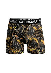 Boksininkų šortai su juoda, oranžine ir auksine spalvų schema, kuriame pavaizduoti arkliai, geometriniai raštai ir juodas juostos juostelė su „MUCHACHO“ užrašu.