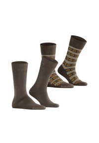 Braune Socken mit gerippten Bündchen; eine einfarbig, die andere gemustert mit blauen Streifen und floralen Motiven in Orange und Gelb. Weicher Stoff, knöchellang.