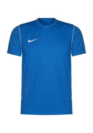 Niebieska sportowa koszulka wykonana z gładkiego materiału, z okrągłym dekoltem, krótkimi rękawami i białym logo Nike na lewej piersi.