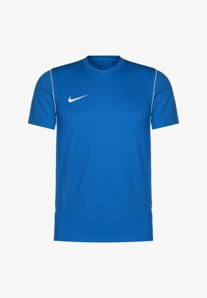 Niebieska sportowa koszulka wykonana z gładkiego materiału, z okrągłym dekoltem, krótkimi rękawami i białym logo Nike na lewej piersi.