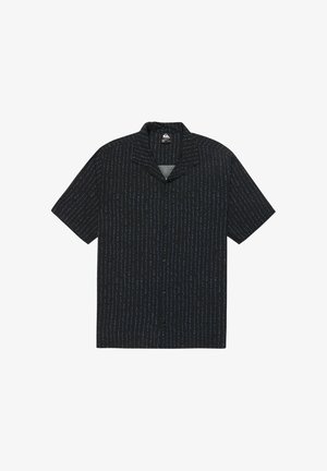 Black short-sleeve button-up shirt with small blue and white vertical dash patterns and a camp collar.