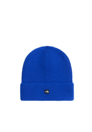 Klarblå strikket hue med foldet skygge og et lille sort-hvidt North Face-logo midt foran.