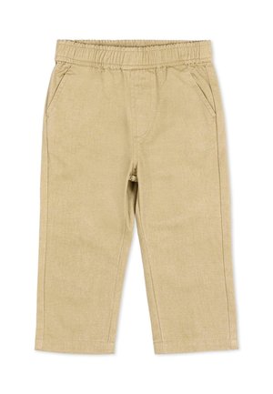 Pantaloni beige per bambini piccoli con elastico in vita e tasche laterali, taglio a gamba dritta, realizzati in tessuto leggero.