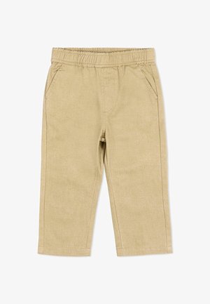 Pantalon beige pour tout-petits avec taille élastique et poches latérales, coupe droite, en tissu léger.