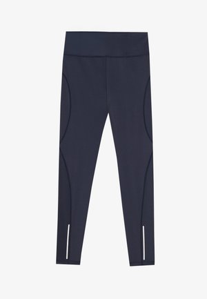 Marineblauwe leggings van rekbare stof, met een hoge tailleband en gebogen zijnahts, voorzien van reflecterende accenten bij de enkelranden.