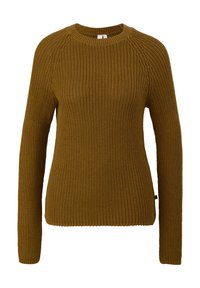 Maglione lavorato a maglia giallo senape con scollatura tonda, maniche lunghe a raglan e un motivo testurizzato. Presenta un orlo dritto e hardware minimal.